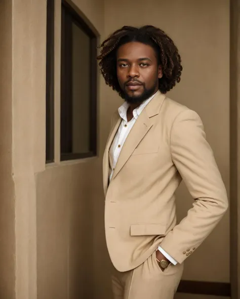 african guy, curly hair, 1980s style, beige tuxedo, standing, realistic, gold watch, beard