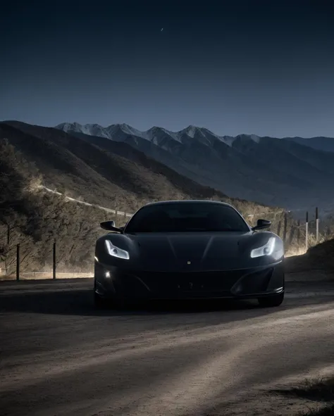 dark theme, dark photo, night photo, ferrari, night sky, night, evening, ground vehicle, motor vehicle, mountain, mountainous horizon, no humans, ocean, outdoors, road, scenery, sky, midnight, vehicle focus,