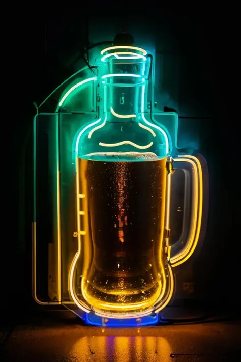 neon light in the shape of a beer bottle, in a bar, best quality, (8k, ultra-detailed), fog, smoke <lora:neon_v1:0.7>