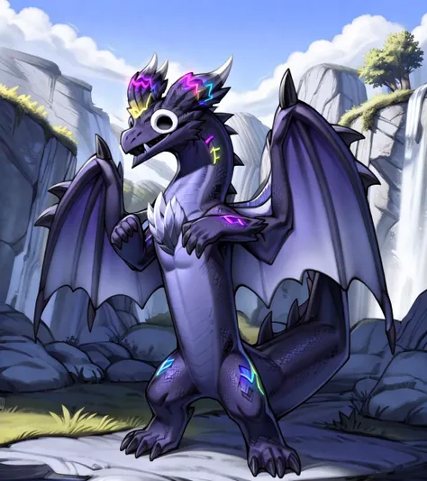 <lora:Meme_ToothlessDance_a1_5_VPred:1>,<lora:Alatreon2:1>,
(best quality, good quality:1.4),toothlessdance,alatreon,solo,hi res,
detailed background,by kame 3, dragonlove, smiling,
raised arms,three-quarter view,white eyes,rainbow accents,glowing accents,wings,