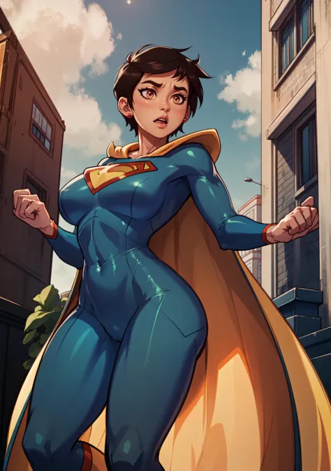 (8k uhd, masterpiece, best quality, high quality, absurdres, ultra-detailed,detailed background,vibrant colors),perfect lighting,  1girl,<lora:attire_superman:0.8>,supermansuit,,azure bodysuit, (yellow cape:1.4), <lora:lois_lane_(my_adventures_with_superman):.8>, lois lane (my adventures with superman), short hair, black hair, huge breasts, brown eyes, very short hair,red stud earrings, shiny skin,(dark-skinned female:1.2,pixie cut,flying,city,daylight,dynamic pose