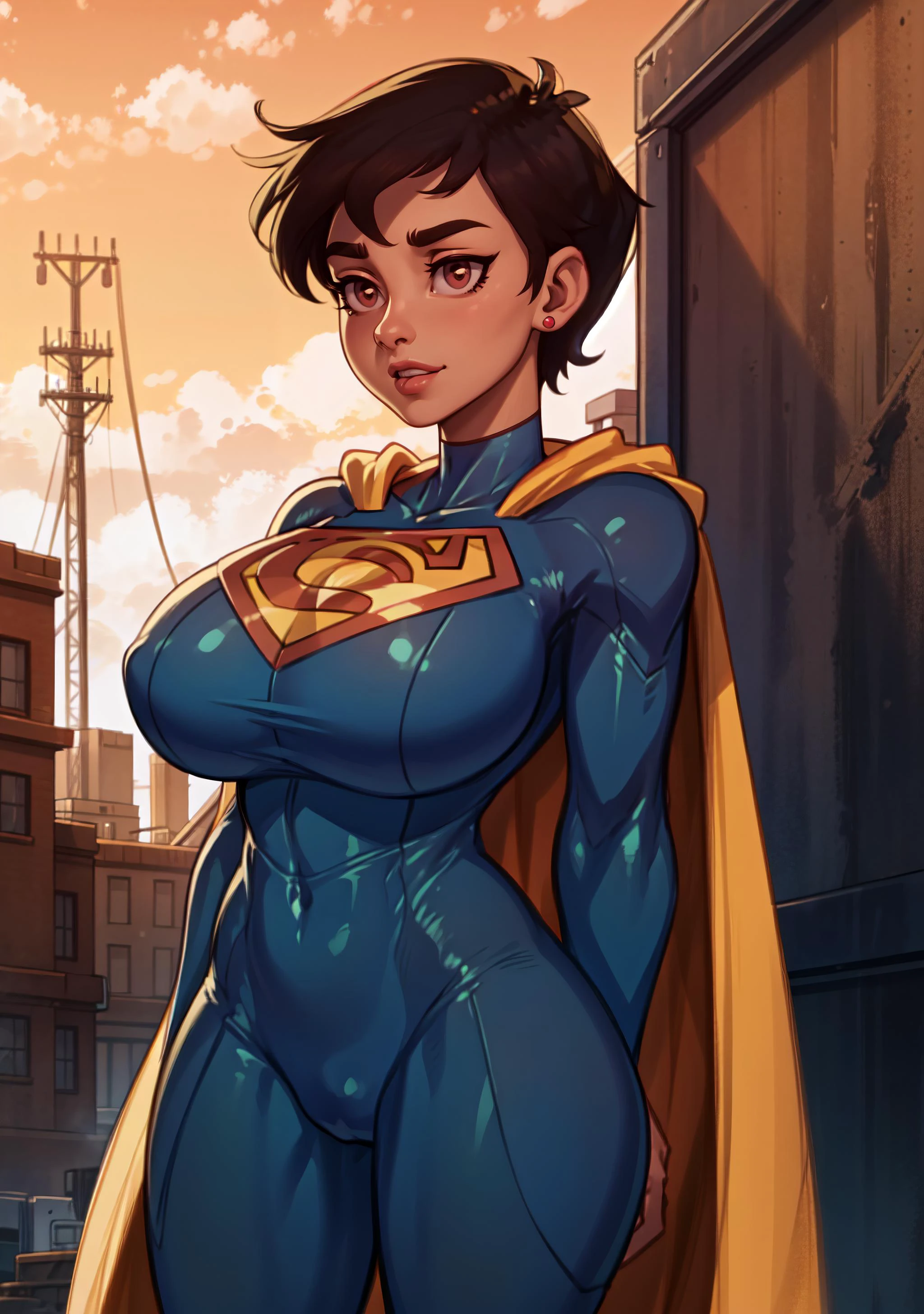 (8k uhd, masterpiece, best quality, high quality, absurdres, ultra-detailed,detailed background,vibrant colors),perfect lighting, rim lighting, 1girl,<lora:attire_superman:1>,supermansuit,,azure bodysuit, ,(yellowcape:1.4), <lora:lois_lane_(my_adventures_with_superman):.8>, lois lane (my adventures with superman), short hair, black hair, huge breasts, brown eyes, very short hair,red stud earrings, shiny skin,(dark-skinned female:1.2,pixie cut