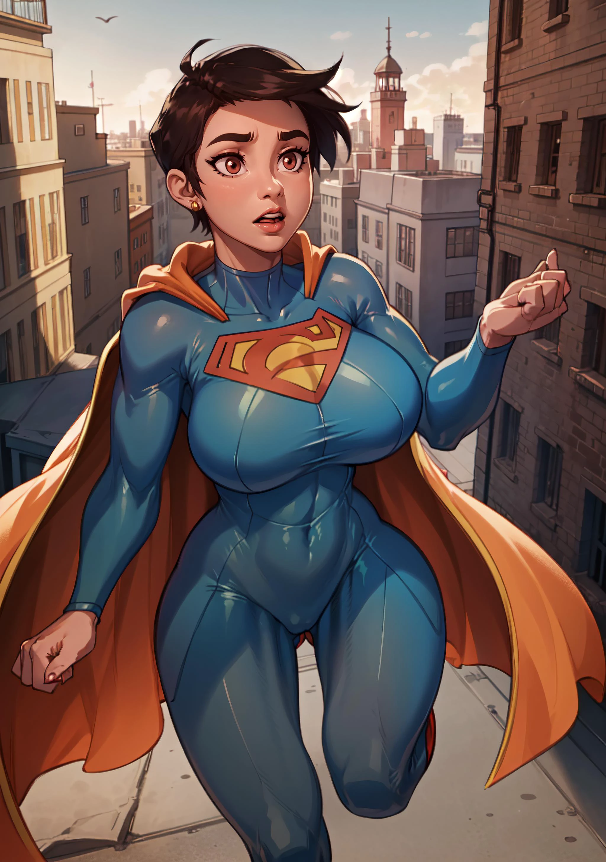 (8k uhd, masterpiece, best quality, high quality, absurdres, ultra-detailed,detailed background,vibrant colors),perfect lighting, 1girl,<lora:attire_superman:1>,supermansuit,,azure bodysuit, ,(yellowcape:1.4), <lora:lois_lane_(my_adventures_with_superman):.8>, lois lane (my adventures with superman), short hair, black hair, huge breasts, brown eyes, very short hair,red stud earrings, shiny skin,(dark-skinned female:1.2,pixie cut,flying,city,daylight,dynamic pose