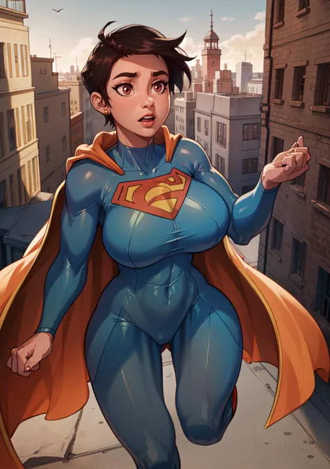 (8k uhd, masterpiece, best quality, high quality, absurdres, ultra-detailed,detailed background,vibrant colors),perfect lighting,  1girl,<lora:attire_superman:1>,supermansuit,,azure bodysuit, ,(yellowcape:1.4), <lora:lois_lane_(my_adventures_with_superman):.8>, lois lane (my adventures with superman), short hair, black hair, huge breasts, brown eyes, very short hair,red stud earrings, shiny skin,(dark-skinned female:1.2,pixie cut,flying,city,daylight,dynamic pose