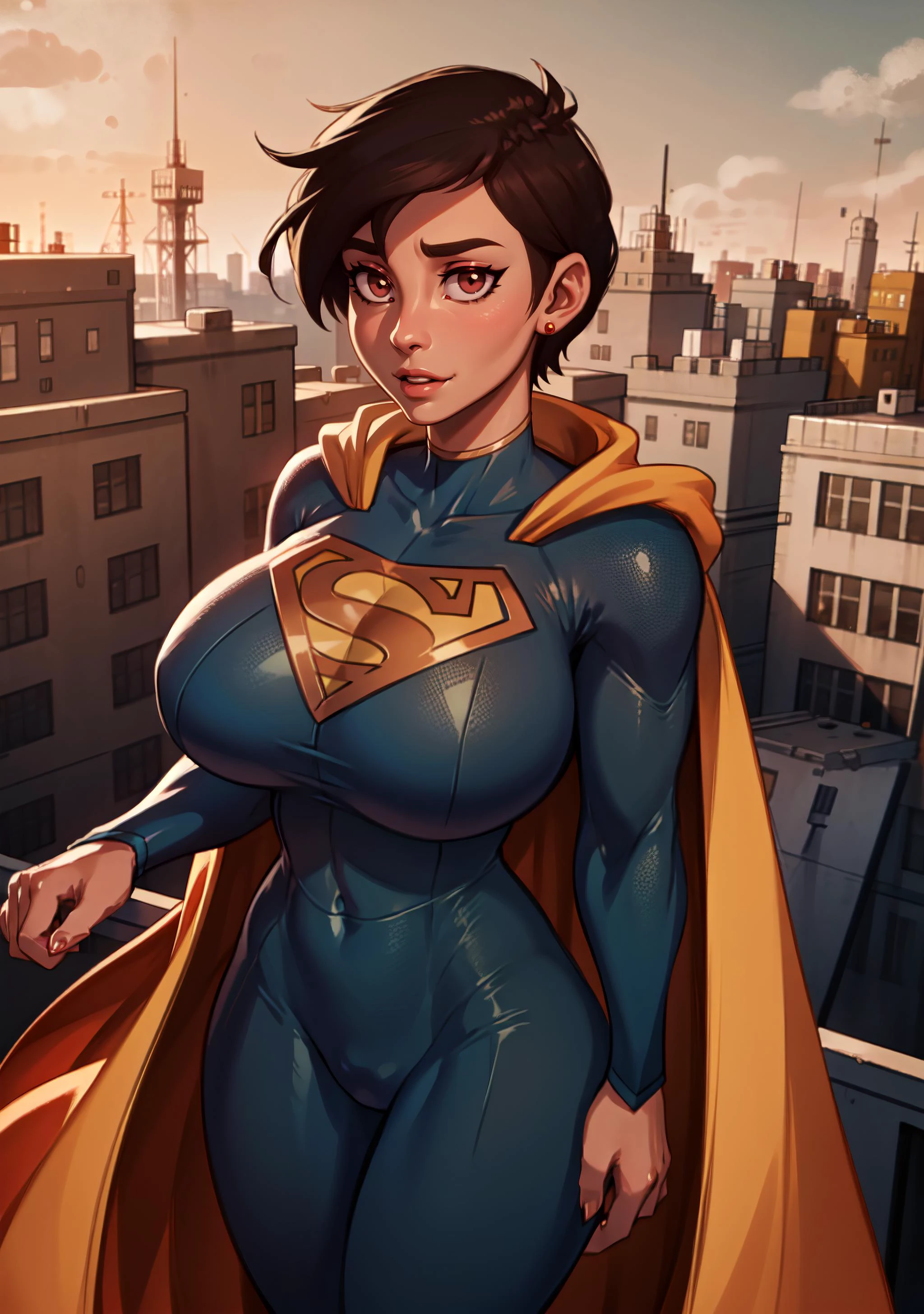 (8k uhd, masterpiece, best quality, high quality, absurdres, ultra-detailed,detailed background,vibrant colors),perfect lighting, rim lighting, 1girl,<lora:attire_superman:1>,supermansuit,,azure bodysuit, ,(yellowcape:1.4), <lora:lois_lane_(my_adventures_with_superman):.8>, lois lane (my adventures with superman), short hair, black hair, huge breasts, brown eyes, very short hair,red stud earrings, shiny skin,(dark-skinned female:1.2,pixie cut,flying,city,daylight,