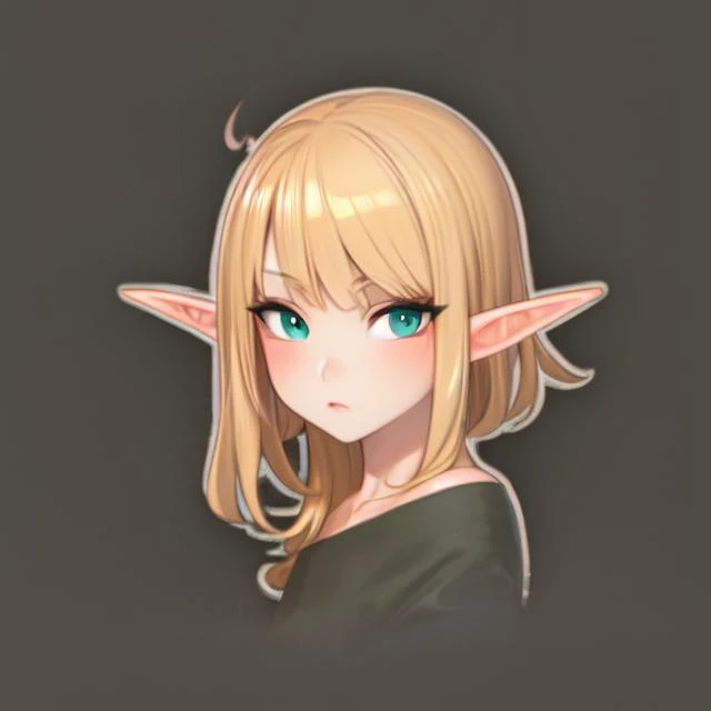 masterpiece, portrait of beautiful elf girl, blonde hair, deep green eyes, dark_background, flat illustration, vector, very detailed <hypernet:ico-v2-ultimate:1.0>