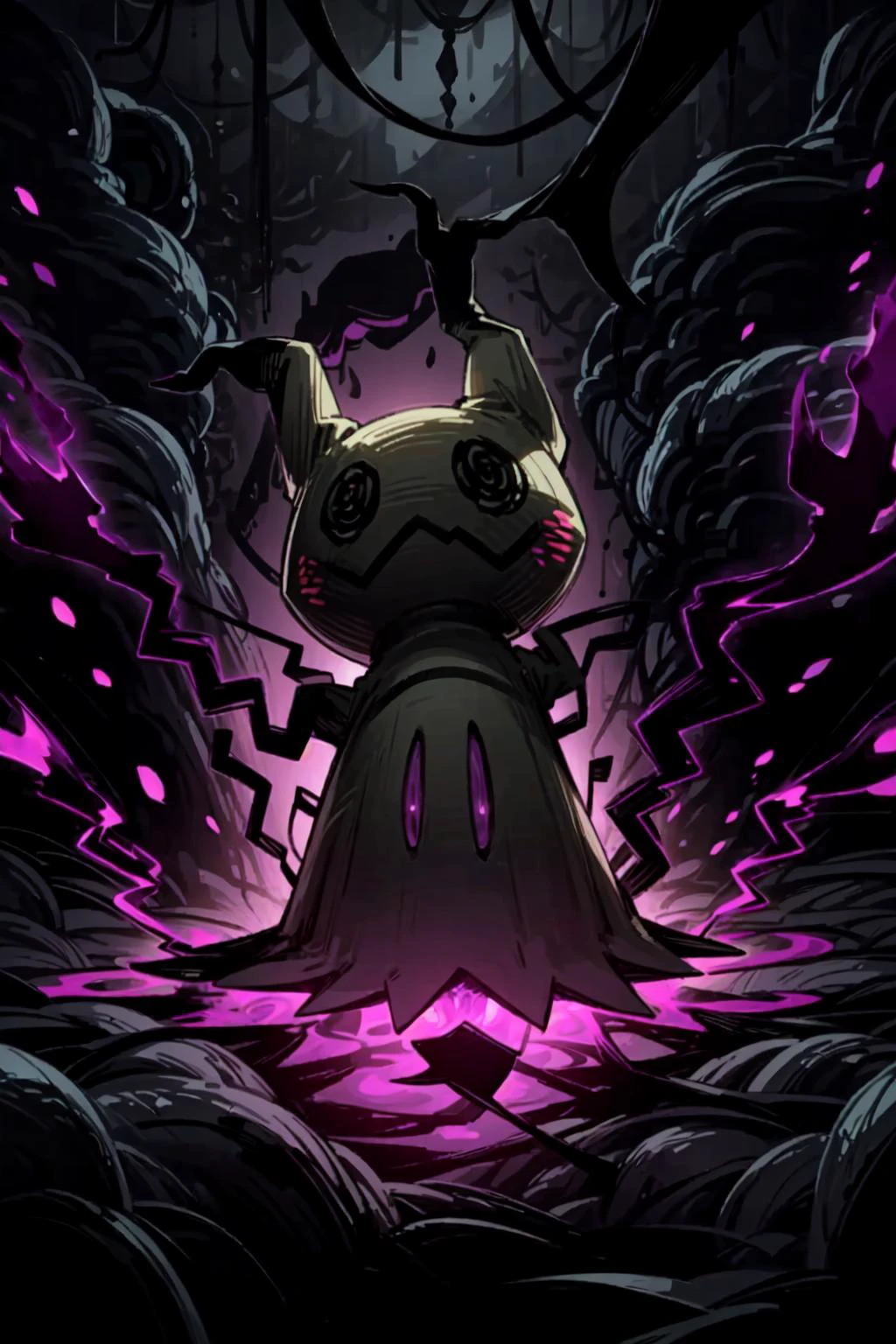 solo, full body, no humans, <lora:Mimikyu_Pokemon_Anime_Dim32:0.8> Mimikyu_Pokemon, haunted house, dark atmosphere, <lora:add_detail:0.7>, <lora:Concept - Shadowmancer:0.1>, shad0wmancer, ink, (swirling black ink), <lora:WorldofShadows:0.6>, worldofshadows, purple and black, shadow aura,