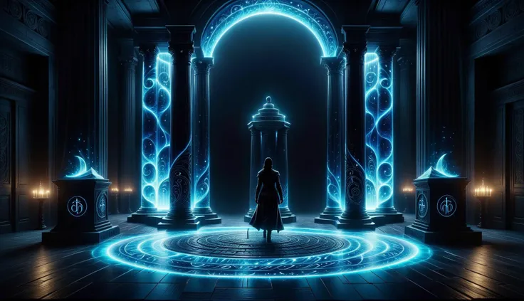 cinematic film still (((Ultra-detailed, Hyper-realistic, 8k, highres, masterpiece)))A singular entity bathed in shadow and silhouette,in front of a Gigantic dimensional portal,pulsating with energy and mysteries,2 large intricate pillars either side,with runic symbols carved and etches into their black obsidian face. Light emanating from the singularity created,lighting the room with dancing shadows.,<lora:add-detail-xl:1>,Details++,<lora:Biol:0.7>,ais-blmn,<lora:Concept - Shadowmancer:0.6>,shad0wmancer,ink,(swirling black ink),<lora:GlowingRunesAIv4:1>,GlowingRunes_red,GlowingRunes_paleblue,GlowingRunes_green,GlowingRunes_purple,GlowingRunes_yellow,GlowingRunes_pink,<lora:spotlight:0.8>, silhouette,spotlight,dark theme, . shallow depth of field, vignette, highly detailed, high budget, bokeh, cinemascope, moody, epic, gorgeous, film grain, grainy