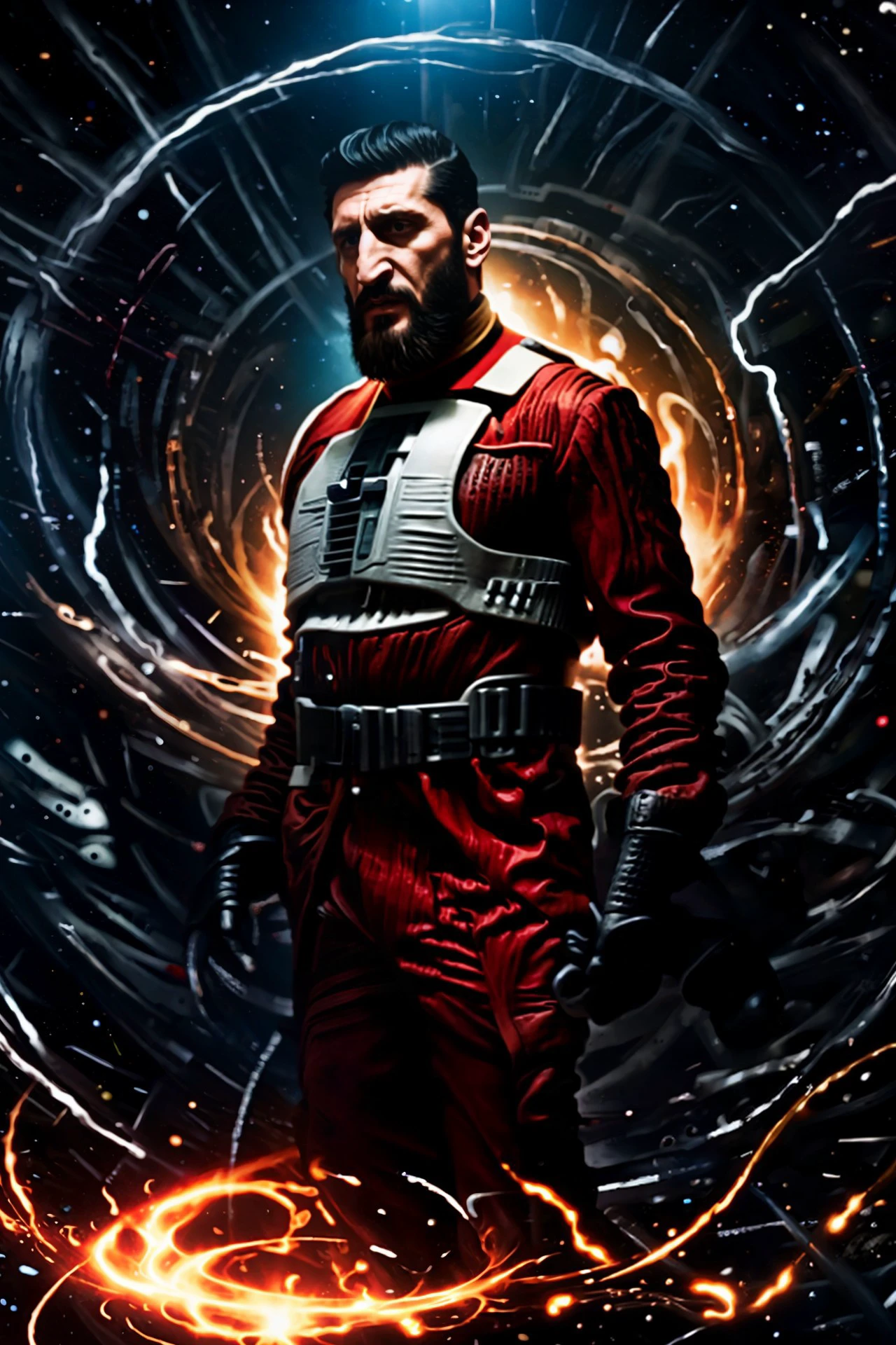 (Fares Fares:1.2) a man with a (slicked-back hair:1.3) wearing a rebel pilot suit, dark space, bright stars, (full:1.2) long (squarish:1.2) big (beard:1.2), devilish (confident looking down:1.2), (a shad0wmancer circle of swirling black ink magic filament thread:1.1) is around his body, 4k uhd, dslr, soft light, high quality, Fujifilm XT3 <lora:RPSV3:0.9> <lora:Fares_FaresSD15:0.75> <lora:epiNoiseoffset_v2:1.0> <lora:Concept - Shadowmancer:0.4>