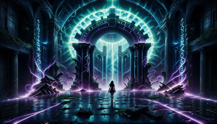 Alien-themed (((Ultra-detailed, Hyper-realistic, 8k, highres, masterpiece)))A singular entity cast in shadow and silhouette in front of a gigantic dimensional gateway,the neon vortex pulsating with energy and mysteries,large ornate pillars either side,with runic symbols carved and etches into their black obsidian face,a bio-luminecance waterwall cascading down as the void calls to you to delve deeper. The singularity radiating light around the room casting a strange glow,a low level mist surrounds the air,<lora:add-detail-xl:1>,Details++,<lora:Concept - Shadowmancer:0.6>,shad0wmancer,ink,(swirling purple ink),<lora:GlowingRunesAIv4:1>,GlowingRunes_red,GlowingRunes_paleblue,GlowingRunes_green,GlowingRunes_purple,GlowingRunes_yellow,GlowingRunes_pink,<lora:spotlight:0.8>,silhouette,spotlight,dark theme,<lora:destruction_XL:0.8>,ruined,collapsed,flooded,desolate,disrepair,<lora:akirabikev0.2:0.8>,akirabike,<lora:Biol:0.8>,ais-blmn,<lora:ral-dissolve:0.5>,ral-dissolve, . Extraterrestrial, cosmic, otherworldly, mysterious, sci-fi, highly detailed