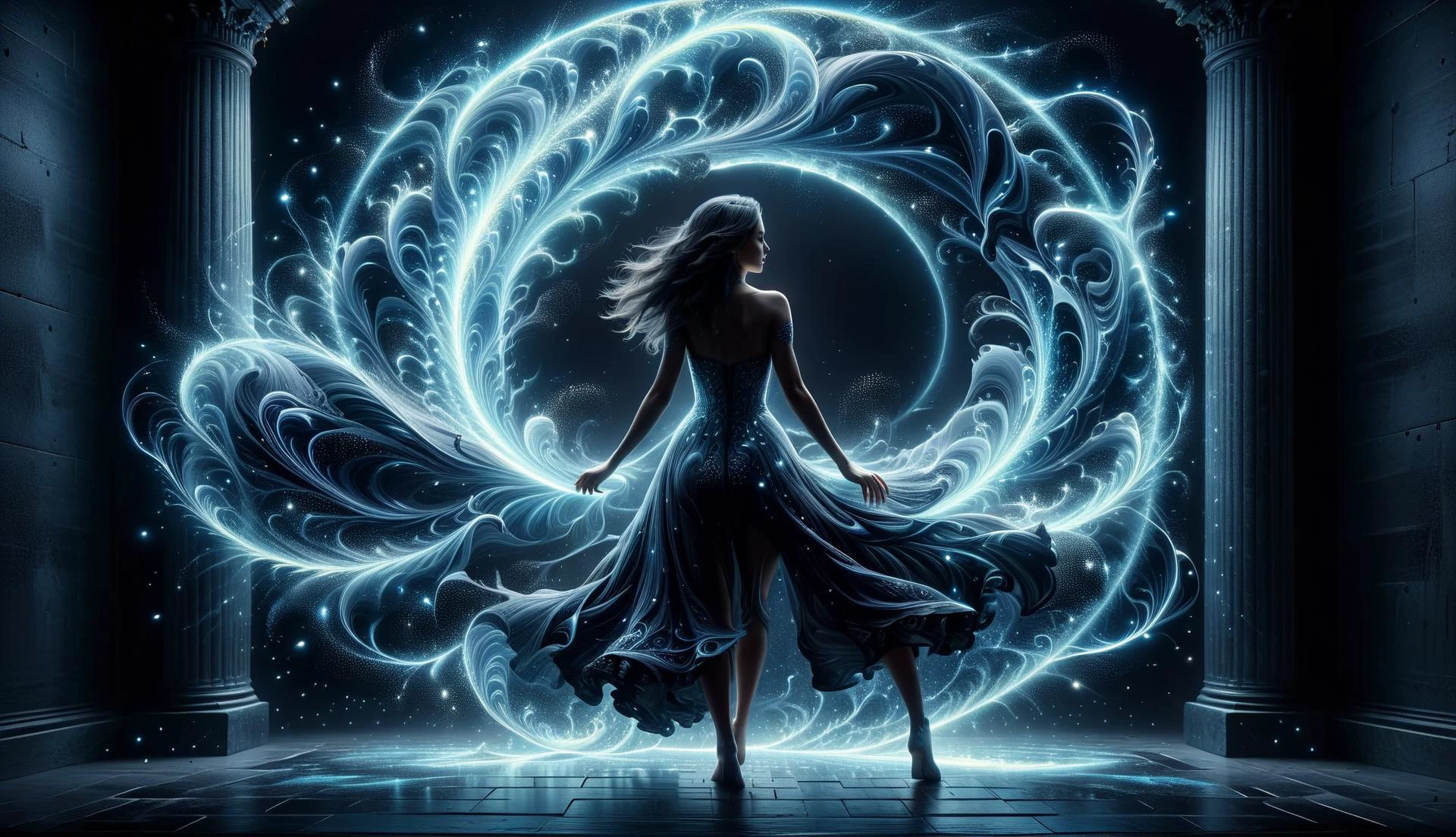 (((Ultra-detailed, Hyper-realistic, 8k, highres, masterpiece)))A singular entity,bathed in shadow,standing in front of a large dimensional portal,swirling with energy and mysteries. Light emanating from the singularity created,lighting the room with dancing shadows.,<lora:add-detail-xl:1>,Details++,<lora:Biol:0.8>,ais-blmn,<lora:Concept - Shadowmancer:0.8>,shad0wmancer,ink,(swirling black ink),<lora:Silhouette:0.8>,silhouette,light particles,<lora:Dark_Particles_Style_SDXL:0.4>,ais-darkpartz,
