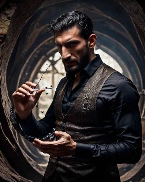 (Fares Fares:1.3) (Fares_Fares_SD15_v2-012:0.92) man with a (slicked-back hair:1.4) wearing a black vest (and long sleeved white shirt:1.25), inside a dark cave, (full:1.2) (long:0.5) (squarish:1.2) big (beard:1.2), devilish (confident looking down:1.2), (a shad0wmancer dark liquid, swirling ink:1.1) is around his body, 4k uhd, dslr, soft light, high quality, Fujifilm XT3 <lora:weight_slider_v2:-0.5> <lora:detail_slider_v4:0.92> <lora:muscle_slider_v1:-0.8> <lora:Concept - Shadowmancer:0.55>