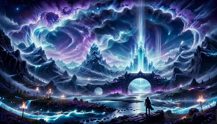 Alien-themed Role-playing game (RPG) style fantasy (((Ultra-detailed, Hyper-realistic, 8k, highres, masterpiece)))A singular entity cast in shadow and silhouette in front of a gigantic gateway pulsating with energy and mysteries,a bio-luminecance waterwall cascading down a mouintain,as the void calls to you to delve deeper. The singularity veiled in light casting a strange hazey glow,a low level mist surrounds the air,<lora:add-detail-xl:1>,Details++,<lora:Concept - Shadowmancer:0.6>,shad0wmancer,ink,(swirling purple ink),<lora:akirabikev0.2:0.8>,akirabike,<lora:Biol:0.8>,ais-blmn,<lora:ral-dissolve-sdxl:0.5>,ral-dissolve,.,. Detailed,vibrant,immersive,reminiscent of high fantasy RPG games,<lora:SyFyEye1_v2.0:0.45>,SyFyEye1,aurora,horizon,landscape,mountain,night sky,outdoor,splanet,reflection scenery,starry sky,<lora:20240102-1704204362283:0.8>,spacestation,spaceship,Symmetrical environment,<lora:god rays:0.8>,god rays,sunbeams,sunbeam, . Extraterrestrial, cosmic, otherworldly, mysterious, sci-fi, highly detailed