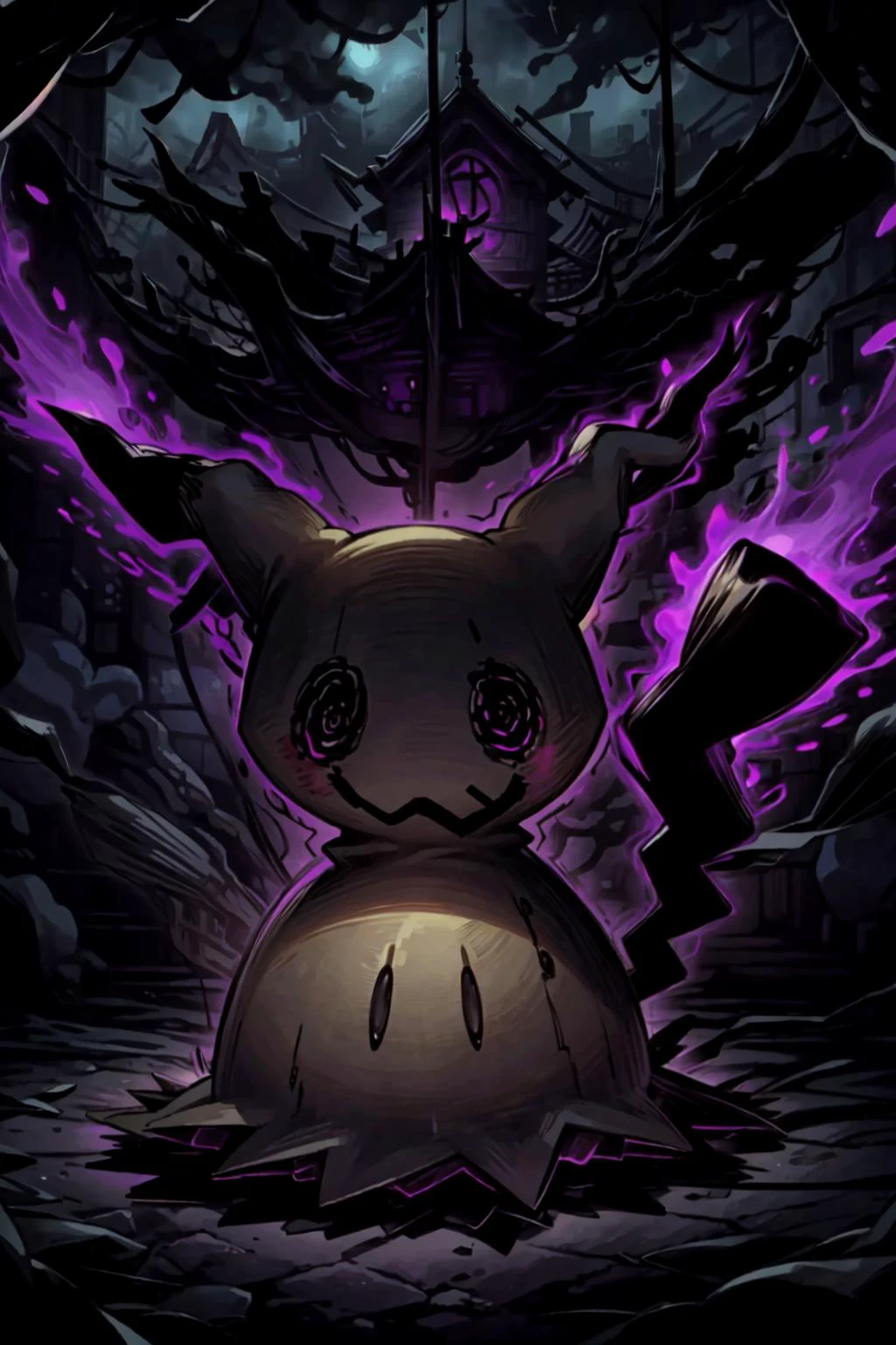solo, full body, no humans, <lora:Mimikyu_Pokemon_Anime_Dim32:1> Mimikyu_Pokemon, haunted house, dark atmosphere, <lora:add_detail:0.7>, <lora:Concept - Shadowmancer:0.1>, shad0wmancer, ink, (swirling black ink), <lora:WorldofShadows:0.6>, worldofshadows, purple and black, shadow aura,