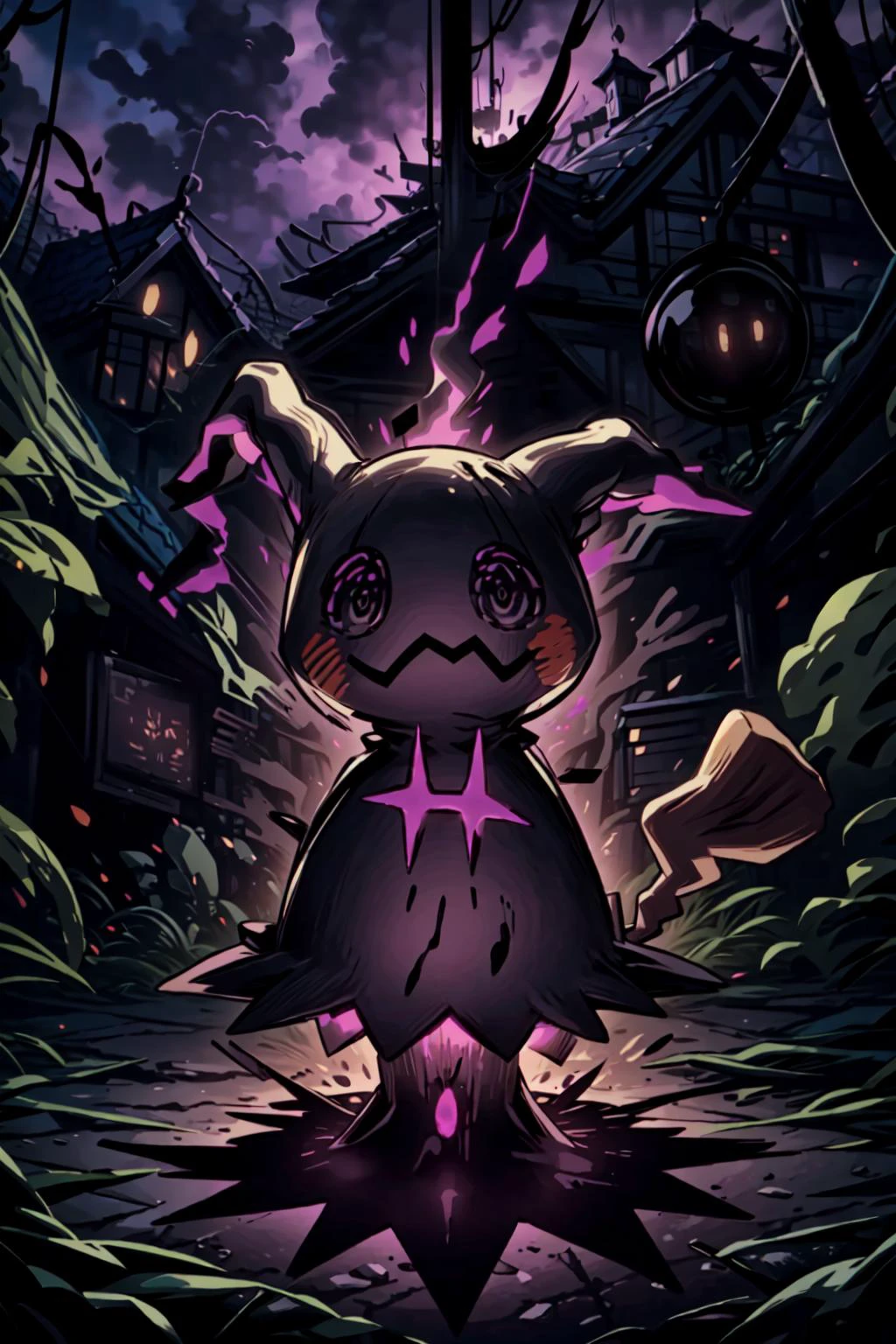 solo, full body, no humans, <lora:Mimikyu_Pokemon_Anime_Dim32:0.8> Mimikyu_Pokemon, haunted house, dark atmosphere, <lora:add_detail:0.7>, <lora:Concept - Shadowmancer:0.1>, shad0wmancer, ink, (swirling black ink), <lora:WorldofShadows:0.6>, worldofshadows, purple and black, shadow aura,