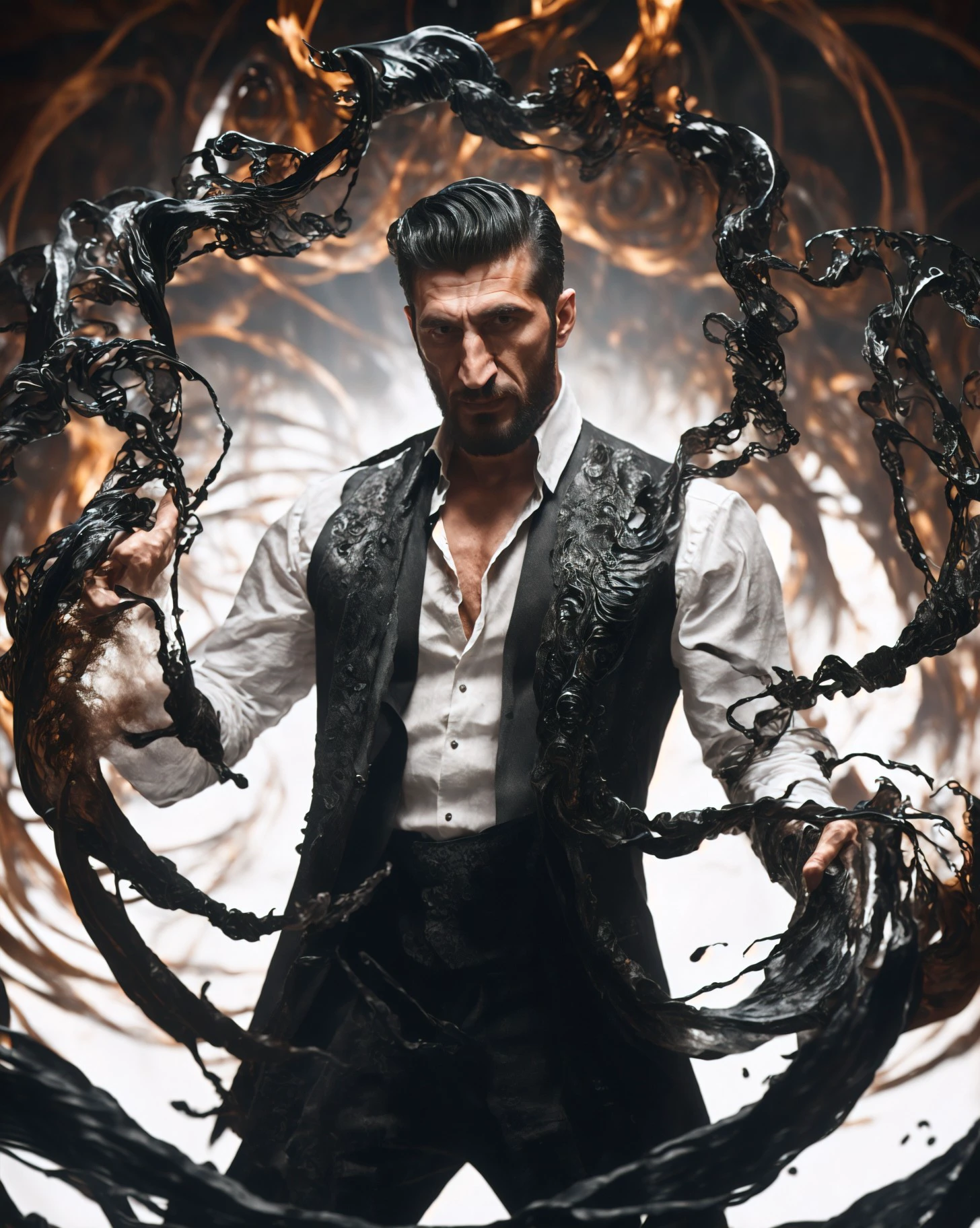 (Fares Fares:1.2) a man with a (slicked-back hair:1.3) wearing a black vest (and long sleeved white shirt:1.2), inside a wood hosue, (full:1.2) (long:0.5) (squarish:1.2) big (beard:1.2), devilish (confident looking down:1.2), (a shad0wmancer circle of swirling black ink magic filament thread:1.3) is around his body, 4k uhd, dslr, soft light, high quality, Fujifilm XT3 <lora:Fares_FaresSD15:0.75> <lora:epiNoiseoffset_v2:0> <lora:weight_slider_v2:0> <lora:detail_slider_v4:1.4> <lora:Concept - Shadowmancer:0.6>
