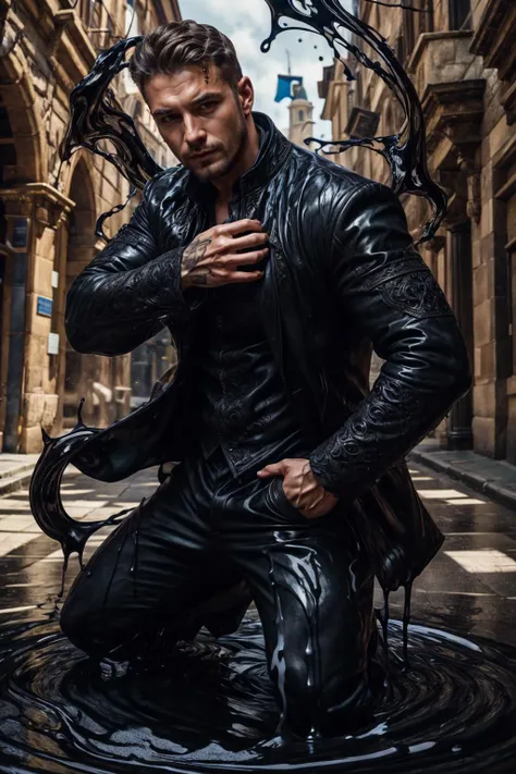 shad0wmancer, photo of a man, ink, ((swirling black liquid)), medieval fantasy, outdoors, coat, pants, (close up:1.2), city, street, dynamic pose, realistic, masterpiece, intricate details, detailed background, depth of field,