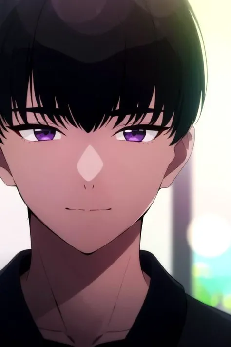 photorealistic, (4k), depth of field, (Masterpiece), (realistic skin texture), extremely detailed, intricate, hyper detailed, high resolution, professional photography, bokeh, depth of field, sharp detail, best quality, , 1boy, solo, male focus, <lora:mutsuki_naito:0.74>, mutsuki_naito, black hair, purple eyes, short hair, bangs