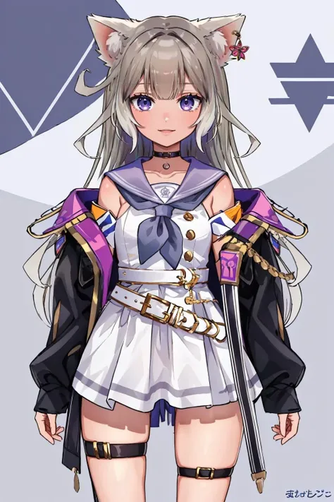 (masterpiece, best quality:1.2), cowboy shot, solo, 1girl, yozuna niu, smile, looking at viewer, sailor collar, jacket, off shoulder, thigh strap, choker, tail <lora:neo-porte_yozuna:1>