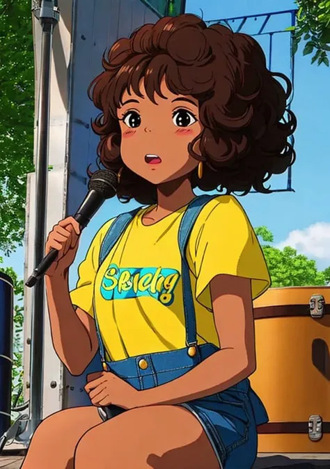 @Spirited, portrait of a beautiful dark skinned girl, with soft curly hair, wearing a denim overalls yellow tshirt, sitting holding drumstick on the drums and singing in the park on a summer afternoon, waiting for the park to open,volumetric lighting, realistic shadows