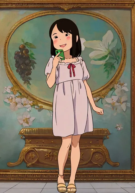@Spirited, portrait of a beautiful 18 years old girl with straight black hair and dark brown eyes. She has a round face, high cheekbones, and a bright smile. She is wearing a sundress and sandals, and is taking a selfie in front of a famous painting in an art museum., realistic shadows,