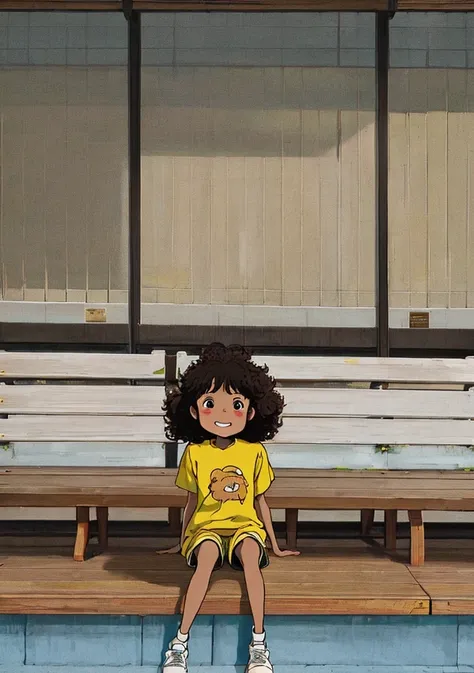 @Spirited, portrait of a beautiful dark skinned girl, with windy curly hair, wearing a denim overalls strong yellow tshirt, sitting on a detailed bench next to a park on a summer afternoon, hapily waiting for the park to open,volumetric lighting, realistic shadows, (stretched legs)