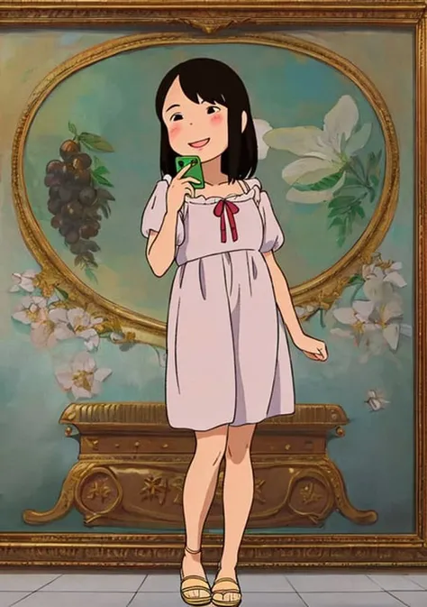 @Spirited, portrait of a beautiful 18 years old girl with straight black hair and dark brown eyes. She has a round face, high cheekbones, and a bright smile. She is wearing a sundress and sandals, and is taking a selfie in front of a famous painting in an art museum., realistic shadows,