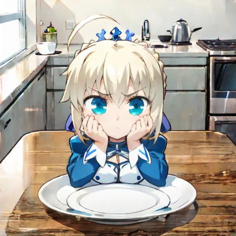 1girl, minigirl, kitchen counter, kitchen, standing, dinner plate with huge hamburger, artoria pendragon \(fate\), chibi <lora:saber_v1:0.7> <lora:yuzusoft-chibiV2:0.5> <lora:minigirl:0.5>, surprised, hands on own face