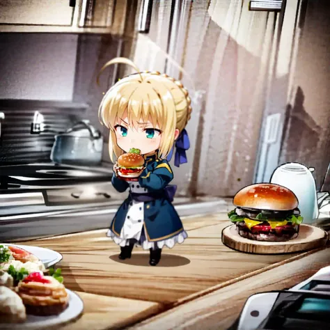 1girl, minigirl, kitchen counter, kitchen, standing, huge hamburger, eating, artoria pendragon \(fate\), chibi <lora:saber_v1:0.7> <lora:yuzusoft-chibiV2:0.5> <lora:minigirl:0.5>