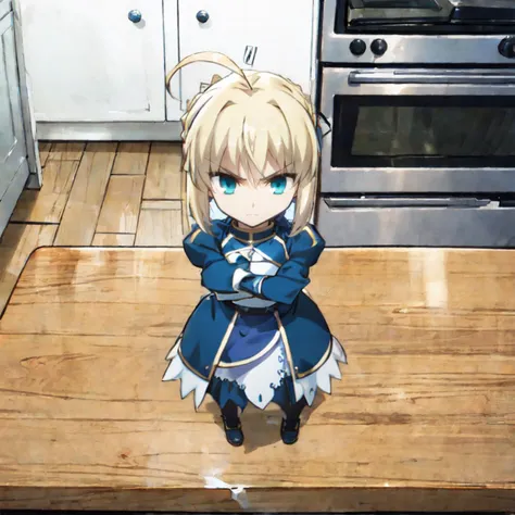 1girl, minigirl, kitchen counter, kitchen, standing, artoria pendragon \(fate\), chibi <lora:saber_v1:0.7> <lora:yuzusoft-chibiV2:0.5> <lora:minigirl:0.5>, fruit bowl, looking at viewer, angry, crossed arms