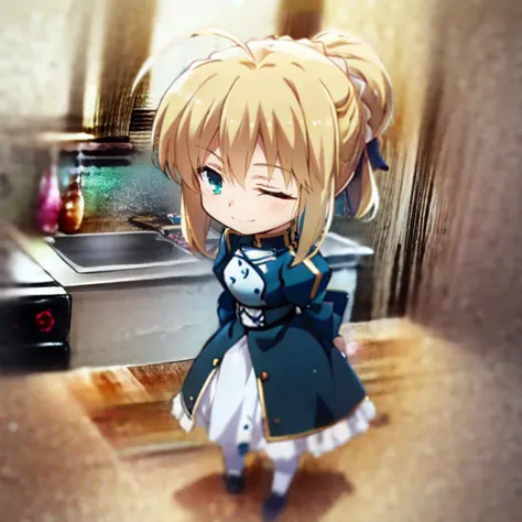 1girl, minigirl, smile, eyes closed, looking up, kitchen, kitchen counter, standing, artoria pendragon \(fate\), chibi <lora:saber_v1:0.7> <lora:yuzusoft-chibiV2:0.5> <lora:minigirl:0.5>