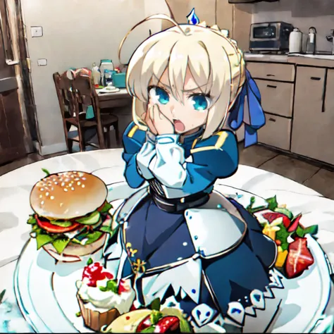 1girl, minigirl, kitchen counter, kitchen, standing, dinner plate with huge hamburger, artoria pendragon \(fate\), chibi <lora:saber_v1:0.7> <lora:yuzusoft-chibiV2:0.5> <lora:minigirl:0.5>, surprised, hands on own face