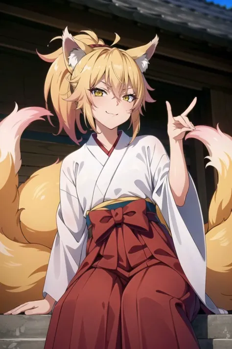masterpiece, best quality, cowboy shot, view from below, 1girl, small chests, sitting on the staircase, miko, kimono, (red hakama:1.2)
<lora:HighSchoolDxD_Kunou:0.7>, Kunou, blonde hair, ponytail, yellow eyes, fox ears, fox tail, multiple tails, looking at viewer, smirking,
<lora:Saya-fox shadow puppet4:0.8>, fox shadow puppet, single fox shadow puppet,
in front of shrine,