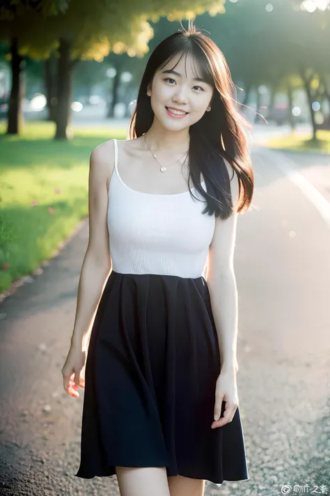 depth of field,blurry background,(8k, RAW photo, best quality, masterpiece:1.2),(realistic, photo-realistic:1.37),xiaoyuan,1girl,smile,big eyes,standing,black shirt,white dress,bare thighs,collarbone,necklace,large breasts,jewelry,bangs,outdoors,<lora:xiaoyuan2-000006:0.8> (pureerosface_v1:0.3)