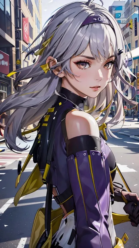 (best quality, masterpiece, colorful, dynamic angle, highest detailed)(ankaxiya),(official art, extreme detailed, highest detailed),((purple headband)),(ankaxiya),realistic,upper body,fashion photography of long hair girl,(intricate details, hyperdetailed:1.15),dressing high detailed bodysuit (high resolution textures),detailed,bokeh,detailed background,street in city,outdoors,(sunny_day),perfect lighting,in dynamic pose,(perfect hand),white hem,gloves,HDR+,<lora:ankaxiyaV1.1:1>,