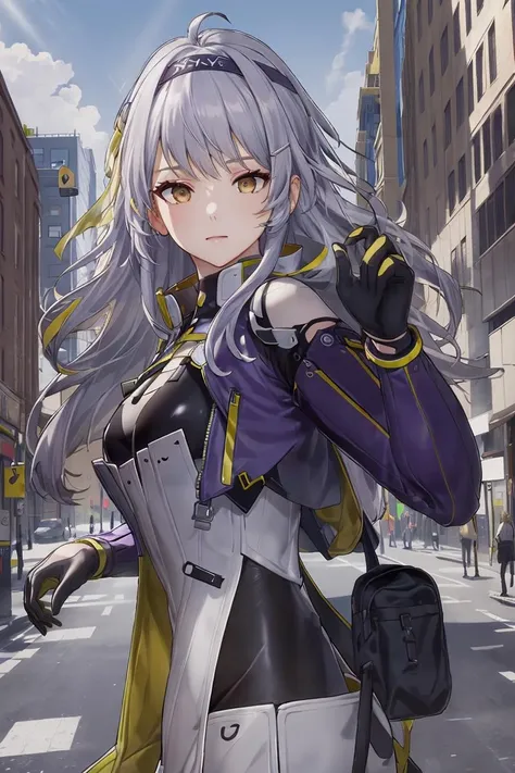 (best quality, masterpiece, colorful, dynamic angle, highest detailed)(ankaxiya),(official art, extreme detailed, highest detailed),(ankaxiya),realistic,upper body,fashion photography of long hair girl,(intricate details, hyperdetailed:1.15),dressing high detailed bodysuit (high resolution textures),detailed,bokeh,detailed background,street in city,outdoors,(sunny_day),perfect lighting,in dynamic pose,(perfect hand),purple headband,gloves,HDR+,<lora:ankaxiyaV1.1:1>,