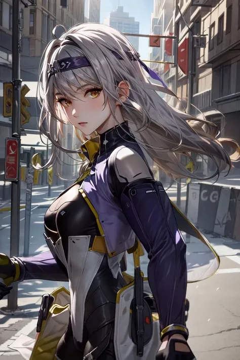 (best quality, masterpiece, colorful, dynamic angle, highest detailed)(ankaxiya),(official art, extreme detailed, highest detailed),((purple headband)),(perfect hand),(ankaxiya),realistic,upper body,fashion photography of long hair girl,(intricate details, hyperdetailed:1.15),dressing high detailed bodysuit (high resolution textures),detailed,bokeh,detailed background,street in city,outdoors,(sunny_day),perfect lighting,in dynamic pose,facing viewer,white hem,gloves,HDR+,<lora:ankaxiyaV1.1:1>,