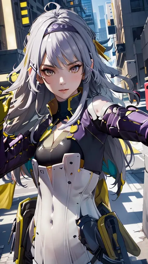 (best quality, masterpiece, colorful, dynamic angle, highest detailed)(ankaxiya),(official art, extreme detailed, highest detailed),((purple headband)),(perfect hand),(ankaxiya),realistic,upper body,fashion photography of long hair girl,(intricate details, hyperdetailed:1.15),dressing high detailed bodysuit (high resolution textures),detailed,bokeh,detailed background,street in city,outdoors,(sunny_day),perfect lighting,in dynamic pose,facing viewer,white hem,gloves,HDR+,<lora:ankaxiyaV1.1:1>,