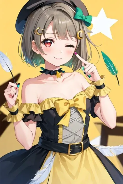 best quality, masterpiece, highres, solo, {nakasu_kasumi_loveliveschoolidolfestivalallstars:1.15}, short_hair, bangs, red_eyes, brown_hair, blush, smile, bob_cut, hair_ornament, bow, asymmetrical_hair, grey_hair, 1girl, beret, green_nails, hat, nail_polish, pointing_at_self, short_sleeves, star_\(symbol\), yellow_headwear, crescent, crescent_hair_ornament, feathers, hairclip, looking_at_viewer, green_bow, wrist_cuffs, yellow_nails, collarbone, frills, one_eye_closed, pointing, stage