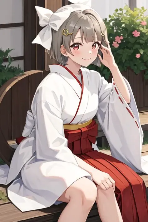 best quality, masterpiece, highres, solo, {white kimono:1.35}, {red hakama:1.35}, {wide sleeves:1.20}, {nakasu_kasumi_loveliveschoolidolfestivalallstars:1.15}, short_hair, bangs, red_eyes, brown_hair, blush, smile, bob_cut, hair_ornament, bow, asymmetrical_hair, grey_hair