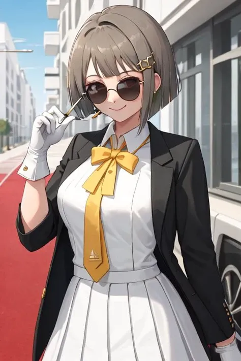 best quality, masterpiece, highres, solo, {black business suit:1.40}, {tie:1.20}, {sunglasses:1.25}, {white gloves:1.15}, {white shirt:1.10}, {black skirt:1.15}, {smoking:1.20}, handsome, {nakasu_kasumi_loveliveschoolidolfestivalallstars:1.15}, short_hair, bangs, red_eyes, brown_hair, blush, smile, bob_cut, hair_ornament, bow, asymmetrical_hair, grey_hair