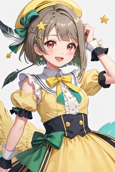 best quality, masterpiece, highres, solo, {nakasu_kasumi_loveliveschoolidolfestivalallstars:1.15}, short_hair, bangs, red_eyes, brown_hair, blush, smile, bob_cut, hair_ornament, bow, asymmetrical_hair, grey_hair, 1girl, beret, green_bow, hat, open_mouth, short_sleeves, feathers, frills, looking_at_viewer, puffy_short_sleeves, puffy_sleeves, wrist_cuffs, :d, star_\(symbol\), yellow_headwear, green_headwear, hat_feather, star_hair_ornament, white_background