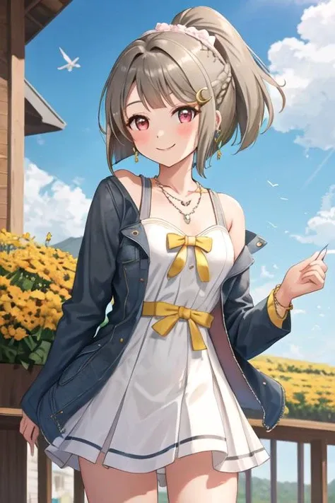 best quality, masterpiece, highres, solo, {nakasu_kasumi_loveliveschoolidolfestivalallstars:1.15}, short_hair, bangs, red_eyes, brown_hair, blush, smile, bob_cut, hair_ornament, bow, asymmetrical_hair, grey_hair, 1girl, braid, jewelry, necklace, ponytail, sidelocks, dress, jacket, flower, outdoors, short_ponytail, sky