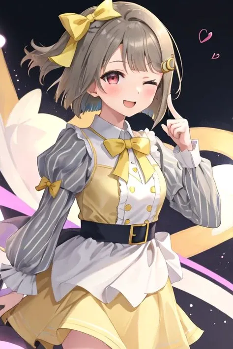 best quality, masterpiece, highres, solo, {nakasu_kasumi_loveliveschoolidolfestivalallstars:1.15}, short_hair, bangs, red_eyes, brown_hair, blush, smile, bob_cut, hair_ornament, bow, asymmetrical_hair, grey_hair, 1girl, dress, green_bow, hair_bow, long_sleeves, looking_at_viewer, yellow_dress, puffy_long_sleeves, puffy_sleeves, huge_bow, striped, bowtie, one_eye_closed, ribbon, blowing_kiss, heart, purple_eyes, open_mouth, pointing, vertical_stripes