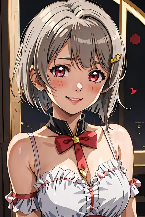(masterpiece, best quality), 1girl, <lora:nakasu_kasumi_loveliveschoolidolfestivalallstars:1> nakasu_kasumi_loveliveschoolidolfestivalallstars, short_hair, bangs, red_eyes, brown_hair, blush, smile, bob_cut, hair_ornament, bow, asymmetrical_hair, grey_hair