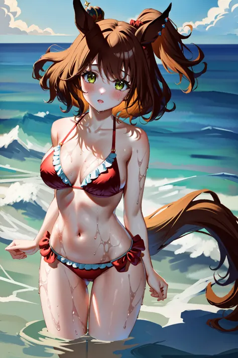 Eva Asuka Langley with perfect face, slim figure, ample breasts, wearing a red bikini, smiling and reaching out to you on a beautiful beach.