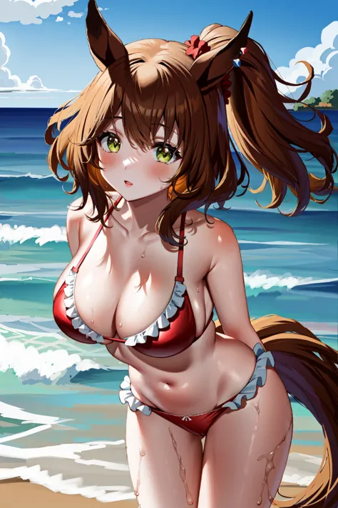 (((Satono Diamond,umamusume,horse ears, Uma Musume,))) horse tail,Green Ribbon,hair between eyes,brown hair, very long hair, spread hair, french braid,brown eyes, princess cut, white skin, shiny skin, gleaming skin, glistening skin, glamorous, teenager, huge breasts, (((micro bikini,)))  (((Ocean,))) wariza, (((Wet,))) blush, anguish, Oil, (((((humid,))))) (lying, on back,) (afterglow,) blush, open mouth,