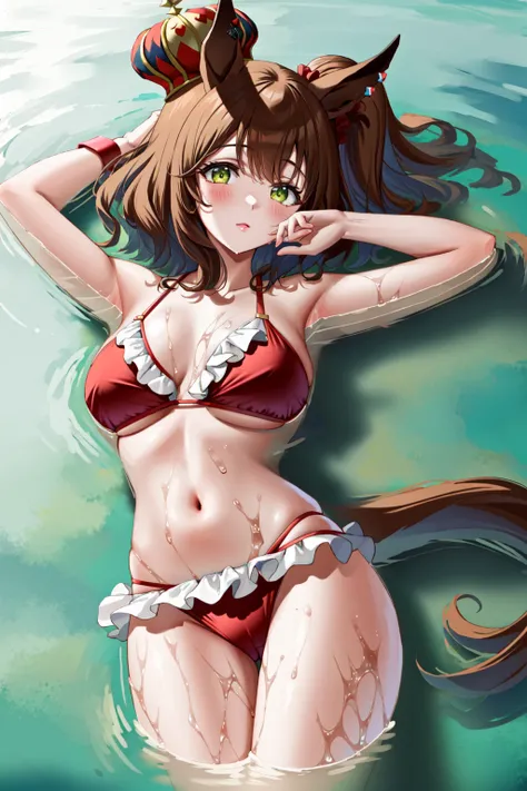 1 girl, alone, Rin tohsaka, (masterpiece), best quality, expressive eyes, perfect face, aqua eyes, black hair, hair ribbon, long hair, ribbon, side locks, two sides up, thighs, ( red bikini), red bra, red thong, beach, sea, sunny, sitting on the sand, full body, portrait, medium breasts, medium waist, wide hips, wide thighs, round butt, looking at viewer, front pov (from below), perfect ???????, perfect hands
