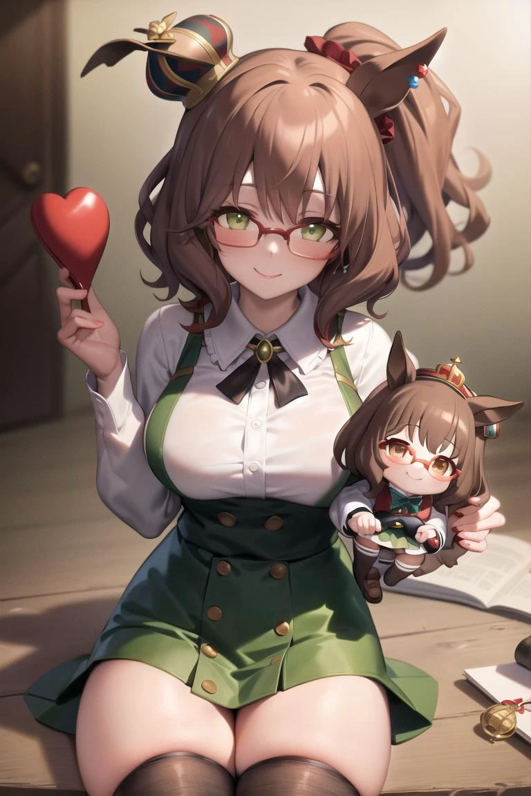 ((masterpiece, best quality))
aston machan \(umamusume\),
smile, large breasts,
long sleeves, white shirt, frills, green skirt, button, black thighhighs, suspender,
espectacled, red-framed eyewear, red hat crown,
sexually suggestive, holding doll,
<lora:astonMachanUmamusume_v10:0.6>