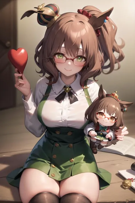 ((masterpiece, best quality))
aston machan \(umamusume\),
smile, large breasts, 
long sleeves, white shirt, frills, green skirt, button, black thighhighs, suspender, 
espectacled, red-framed eyewear, red hat crown, 
sexually suggestive, holding doll, 
 <lora:astonMachanUmamusume_v10:0.6>